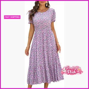 Floral Print Puff Sleeve Tiered A-Line Swing Midi Dress with Pockets